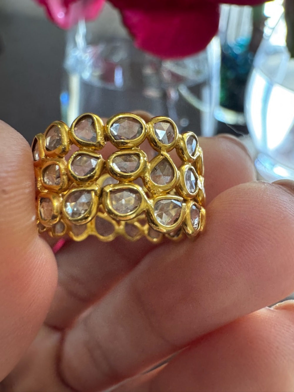 18K Yellow Gold Rose Cut Diamond Wide Band Ring Polki Statement Size 7.5